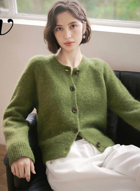 Even Vintage | 康赛妮羊驼毛羊毛 复古榉木绿百搭针织开衫外套冬