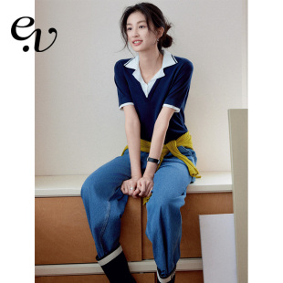 轻肤细腻假两件POLO领撞色针织衫 醋酸长绒棉 Vintage Even