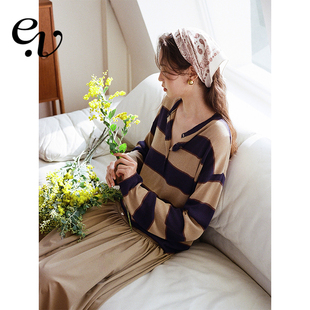 纽扣套头针织衫 Even 撞色粗条纹新款 天丝亚麻 早春 Vintage