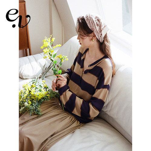 Even Vintage | 天丝亚麻 撞色粗条纹新款纽扣套头针织衫早春