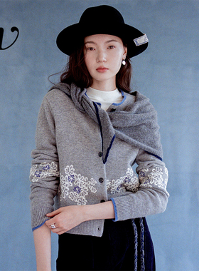 Even Vintage | 100%羊毛 复古灰调重工精致刺绣纹撞色边毛衫开衫