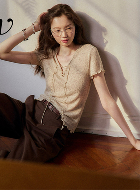 Even Vintage |亚麻混纺 闪闪微光V领系带复古针织透气短袖t上衣