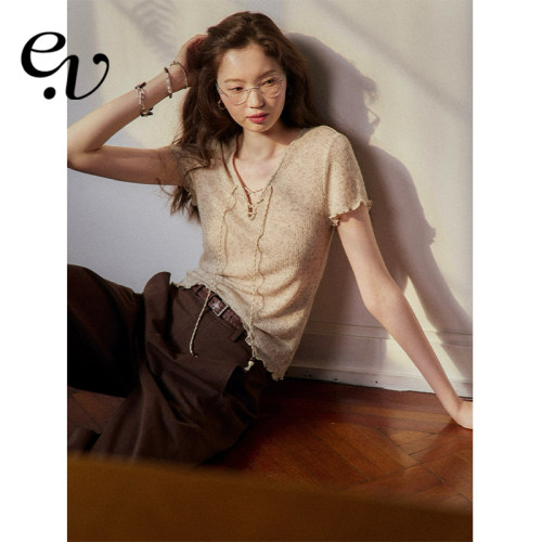 Even Vintage |亚麻混纺 闪闪微光V领系带复古针织透气短袖t上衣