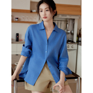 衬衫 Even 优雅休闲v领纯色百搭长袖 100%亚麻 Vintage