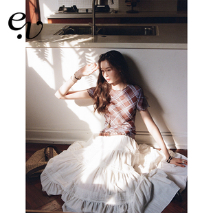 Even Vintage | 复古格纹 缩褶优雅时髦密拷边修身短款上衣女夏秋