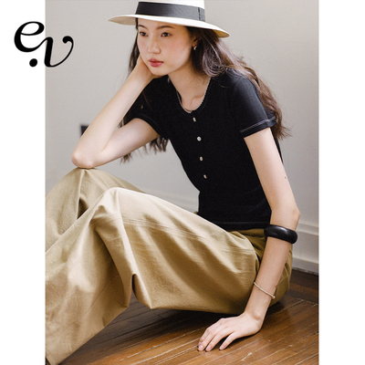 Even Vintage |  小细节满满 正肩肌理感撞色亨利领简约短袖T夏秋