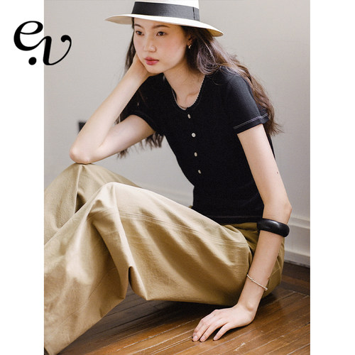 Even Vintage |  小细节满满 正肩肌理感撞色亨利领简约短袖T夏秋