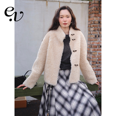 Even Vintage | 100%绵羊毛 立领短款牛角扣复古温柔羊羔绒外套