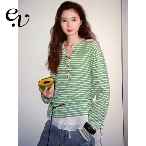 Even Vintage | 羊毛混纺 复古设计感亨利领经典绿白撞色条纹上衣