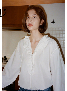 Even Vintage | 经典复古 原创设计感优雅木耳边白色灯笼袖衬衫秋