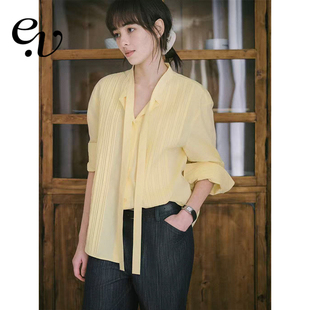 衬衫 Even 早春氛围黄色层次感飘带长袖 100%棉 Vintage