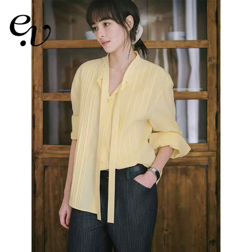 Even Vintage | 100%棉 早春氛围黄色层次感飘带长袖衬衫