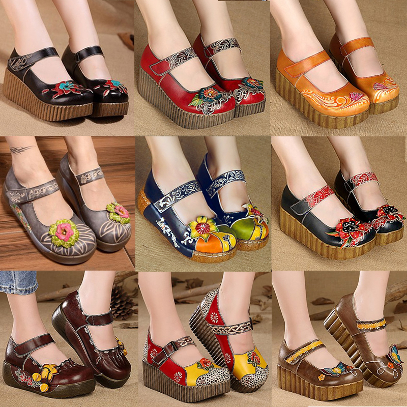 松糕底休闲花朵真皮单鞋民族风