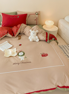 新年洋气精致刺绣圣诞猫柔软全棉磨毛四件套秋冬长绒棉纯棉床品