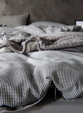 小香千鸟格色织拉绒全棉磨毛北欧简约四件套纯棉床单1.8床上用品