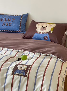 ins安可拉熊100S全棉贡缎儿童床上四件套可爱纯棉男女孩被套床品
