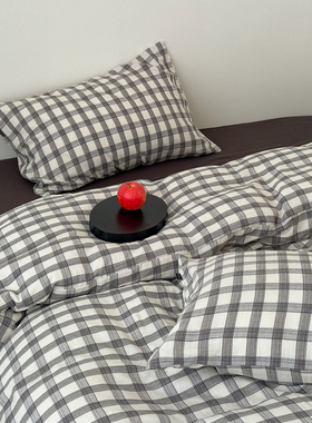 ins复古格子A类纯棉柔软双层纱四件套全棉简约条纹被单套床上用品