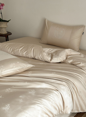 苏堤晚荷宋式美学全棉贡缎小提花新中式床品长绒棉被套床上四件套