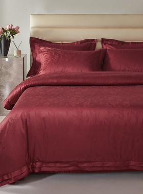 轻奢婚庆红色结婚全棉贡缎100S提花四件套婚嫁喜被套件床上用品