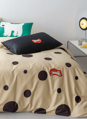 波点莱卡狗全棉贡缎长绒棉床上用品高级感纯棉儿童床单床笠四件套