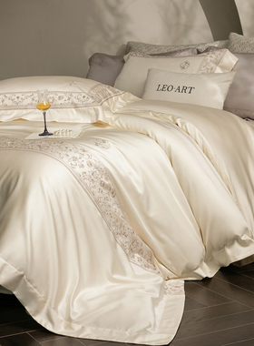 轻奢精致金线绣100S天丝棉床品被套美式纯色床单长绒棉床上四件套