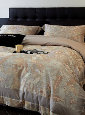 轻奢佛夏莲高端天丝棉软柔磨毛长绒棉四件套美式印花被套床品套件