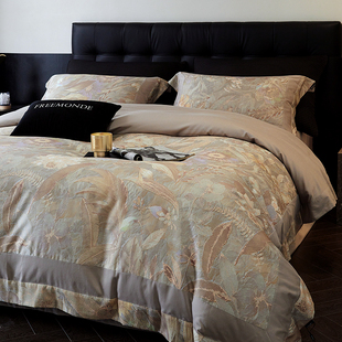 轻奢佛夏莲高端天丝棉软柔磨毛长绒棉四件套美式印花被套床品套件