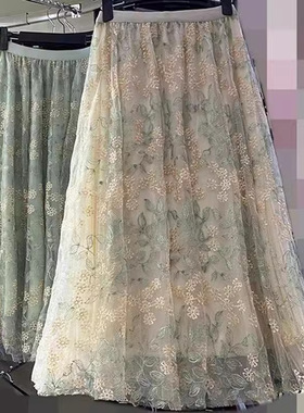 蕾丝绣花裙夏季新款法式高腰显瘦双层网纱百搭A字半身裙子女