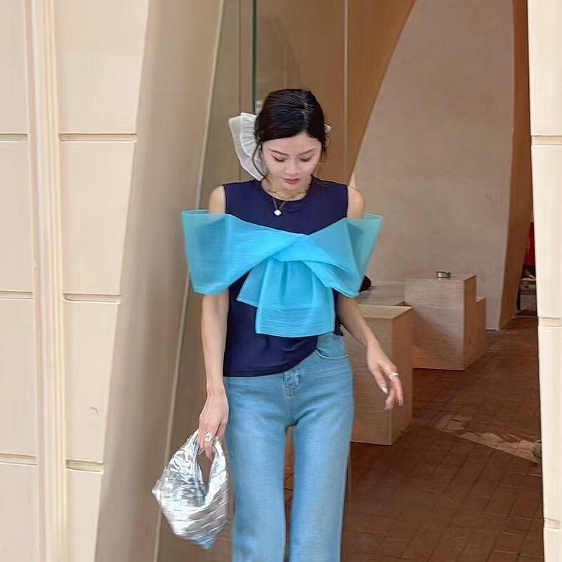 甜辣妹露肩蝴蝶结拼接短款上衣欧洲站2025夏季女新设计感短袖T恤