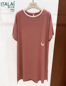 意大莱夏季4366女士冰感棉圆领短袖休闲睡裙宽松舒适条纹纹理家居