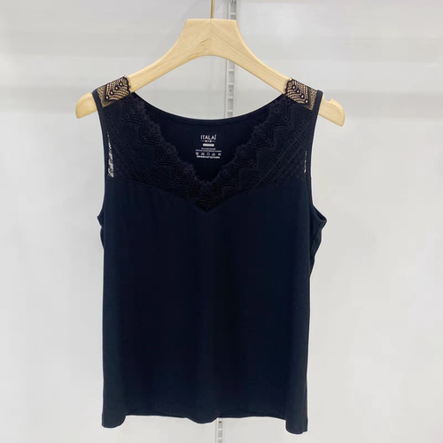 意大莱女蕾丝吊带夏季薄莫代尔螺纹V领内搭宽肩无袖打底背心3101