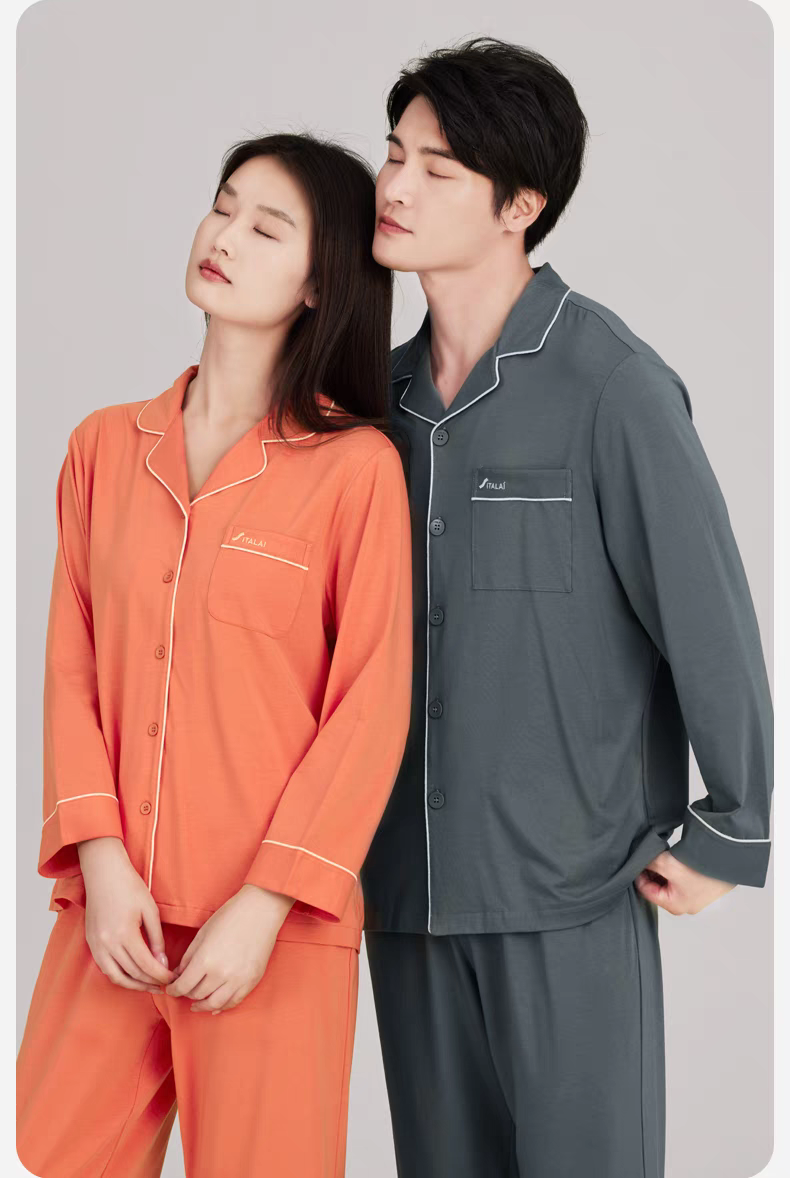 意大莱新款睡衣女款2024春夏季长袖情侣家居服套装男士高级感薄款