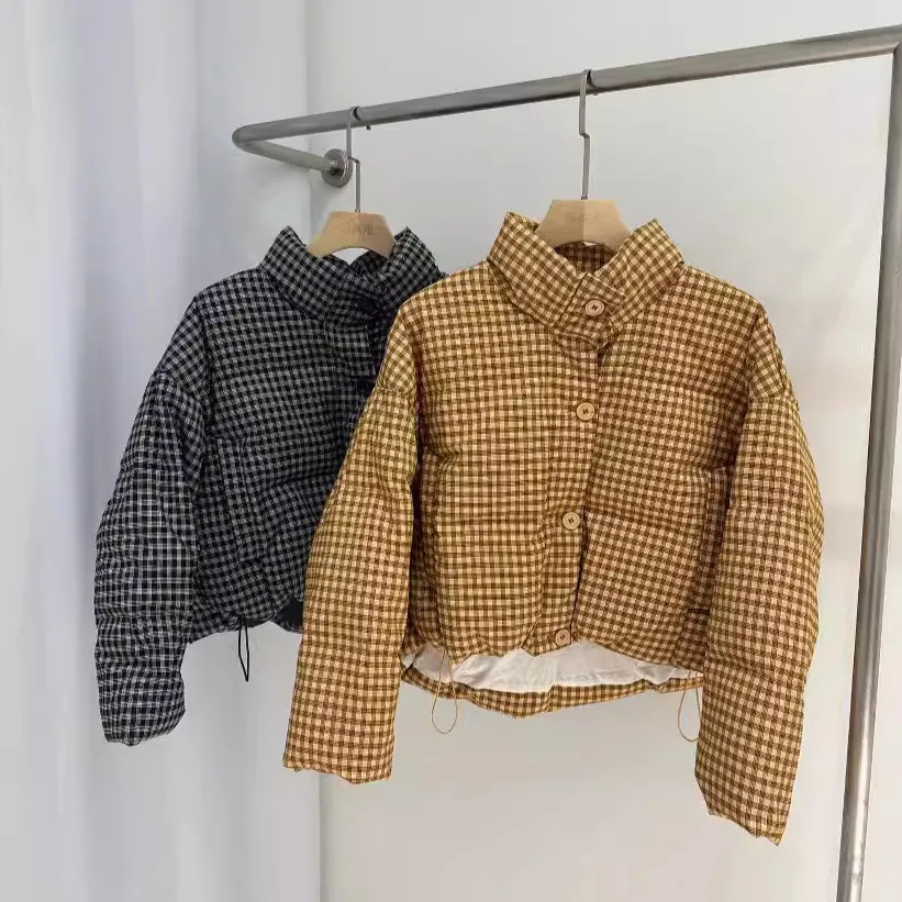 白鸭绒2024冬季新款韩版千鸟格子羽绒服女短裤加厚小众面包服外套