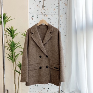 日系轻奢格子双面毛呢西装 外套女咖色气质宽松小个子百搭羊绒大衣