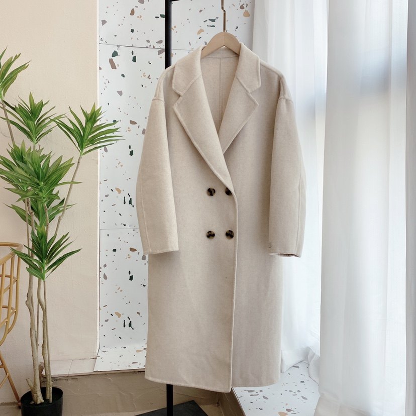高端燕麦色双面羊绒大衣女2023新款韩版宽松中长款双排扣毛呢外套