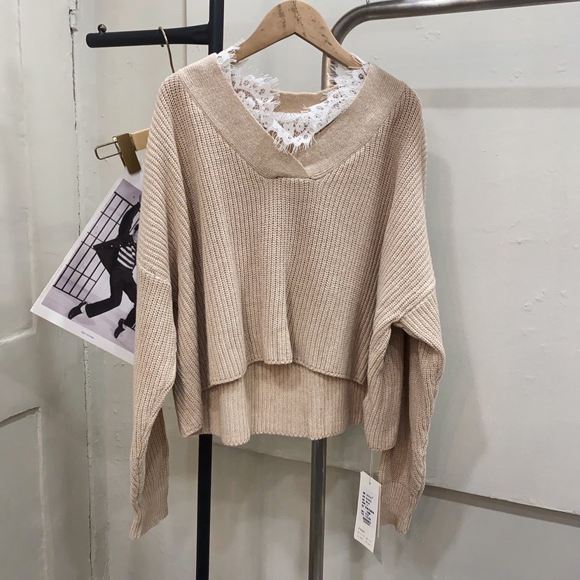2025新款蕾丝V领长袖针织衫女宽松显瘦百搭毛衣上衣