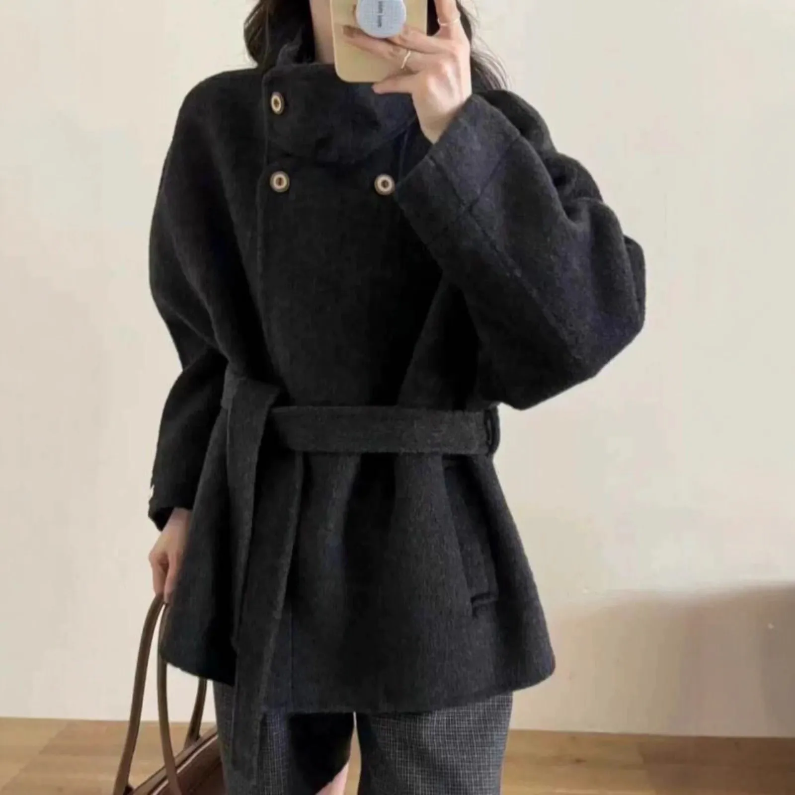 2025秋冬款双面羊毛大衣立领绑收腰中长款羊毛外套女毛呢大衣