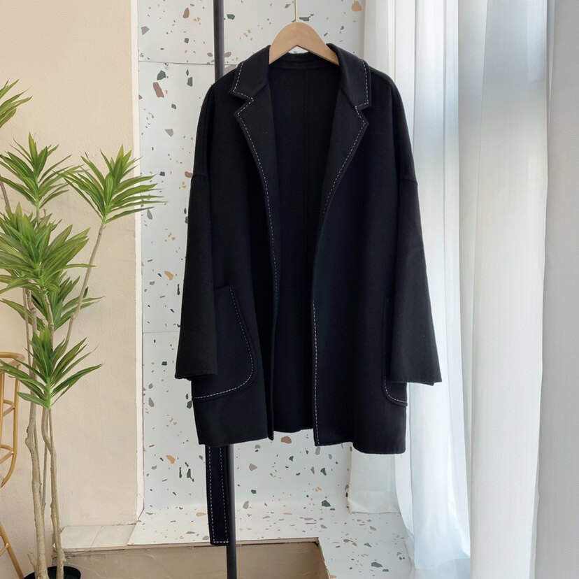 日系轻奢毛呢外套女赫本风明线系带收腰羊毛中长款高端双面呢大衣