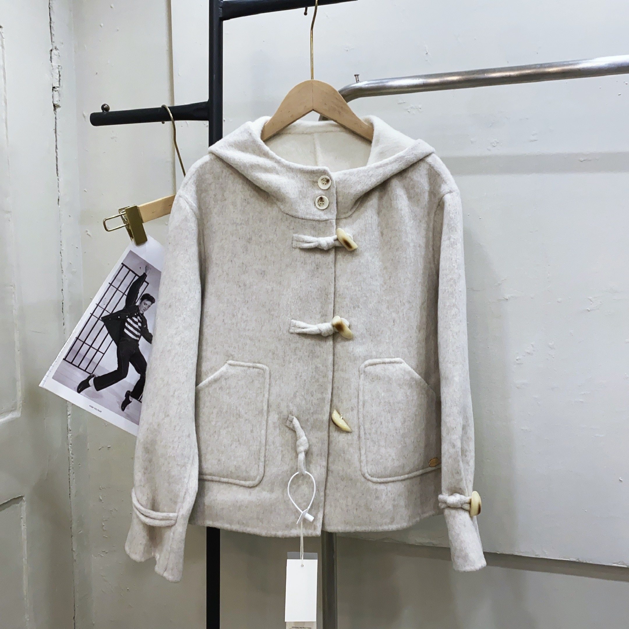 连帽牛角扣双面羊毛绒大衣女韩版学院减龄毛呢外套