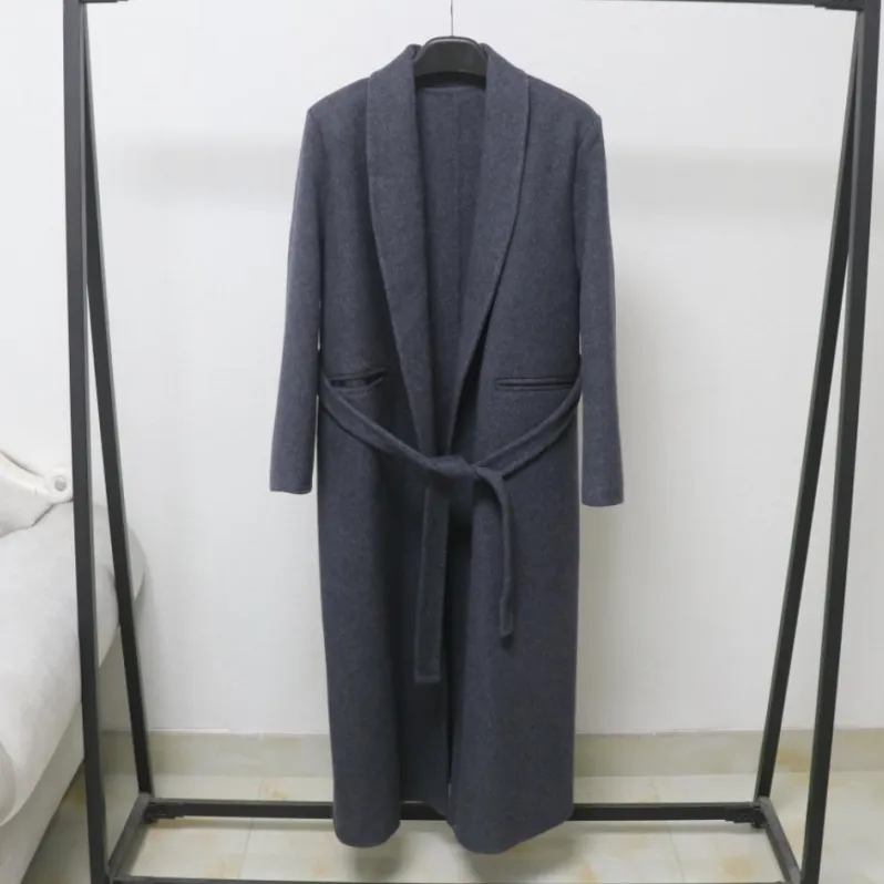 欧洲站简单气质裹领V领腰带中长款显瘦优雅双面呢羊毛大衣外套