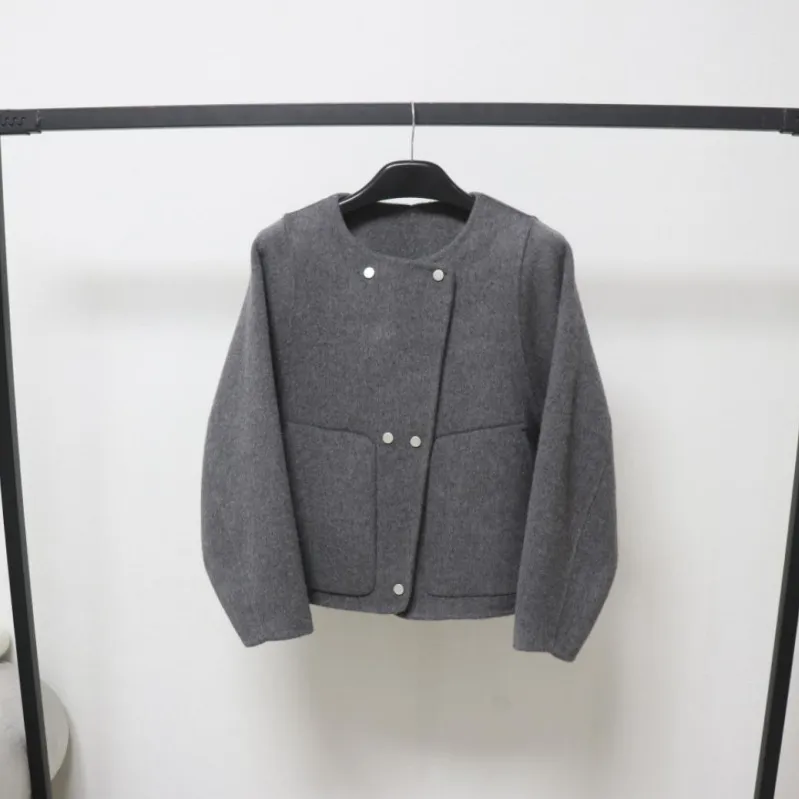 欧洲站圆领双面羊毛大衣女短款韩系双排扣气质双面呢时尚毛呢外套