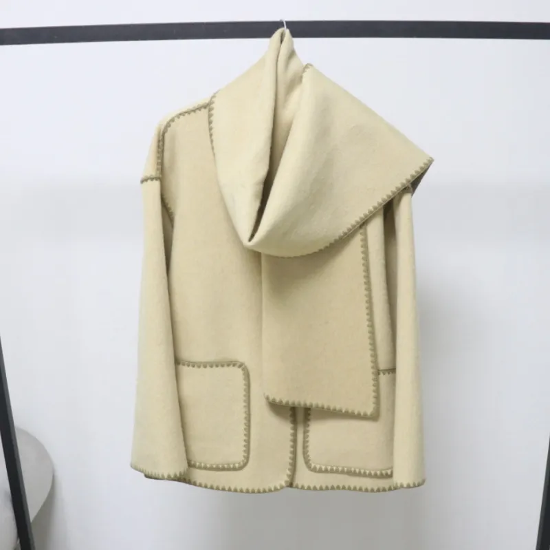 欧洲站复古摩登感新款撞色围巾双面羊毛大衣女小个子宽松毛呢外套