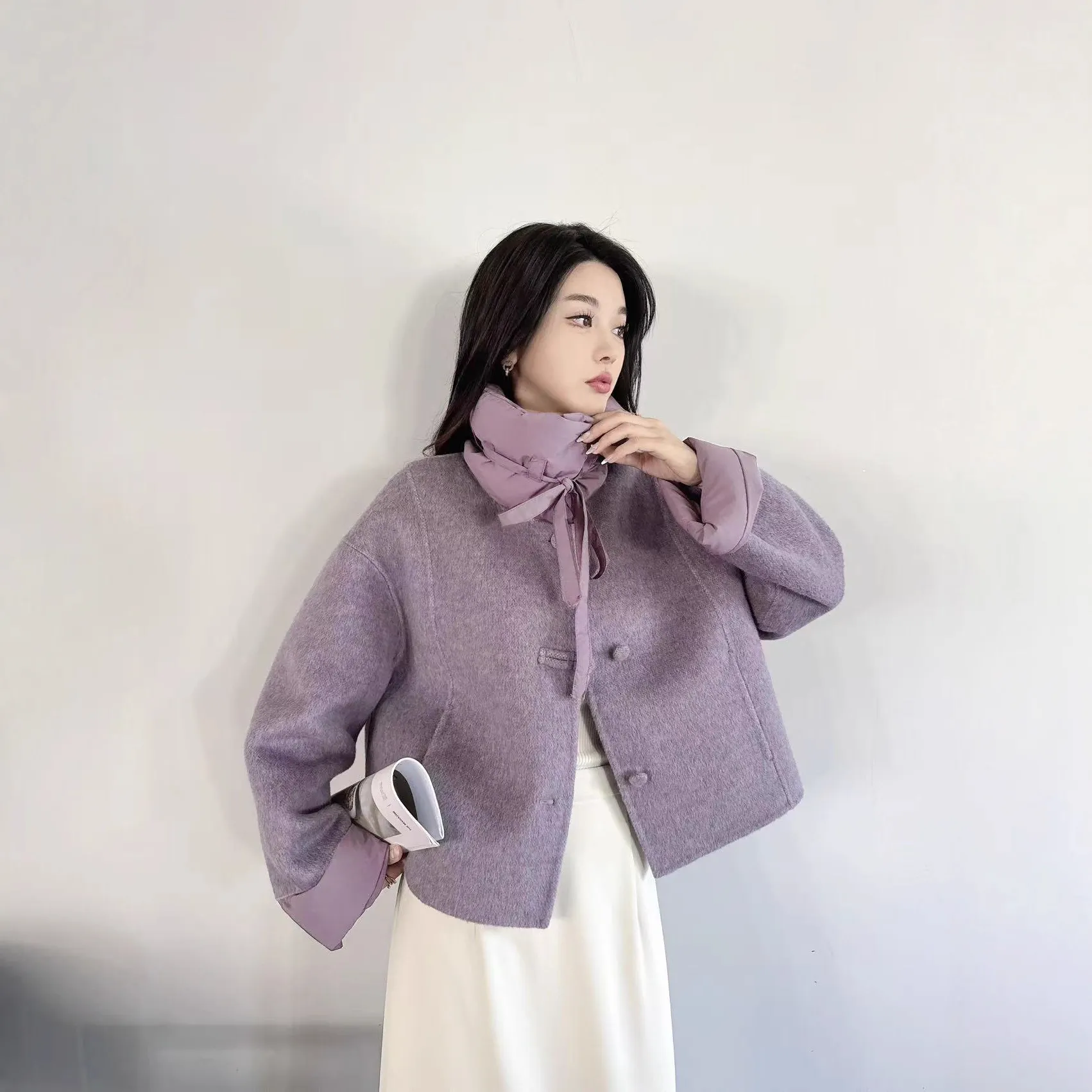 网红爆款2025秋冬双面羊毛大衣短款小格子=宽松休闲毛呢外套现货