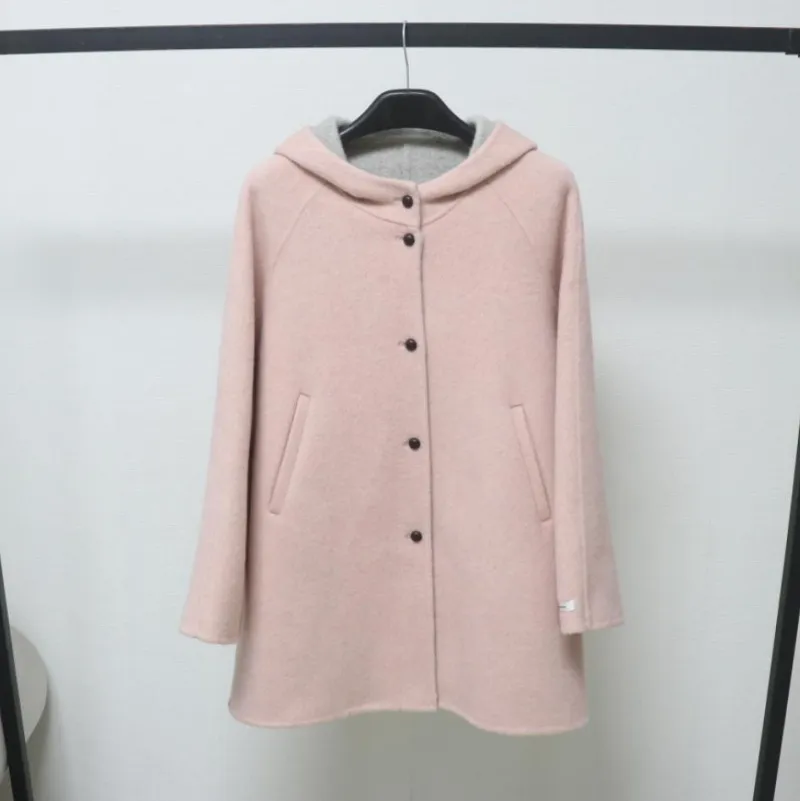 欧洲站中长款连帽毛呢外套女秋冬遮屁股加厚双面羊毛秋冬外套