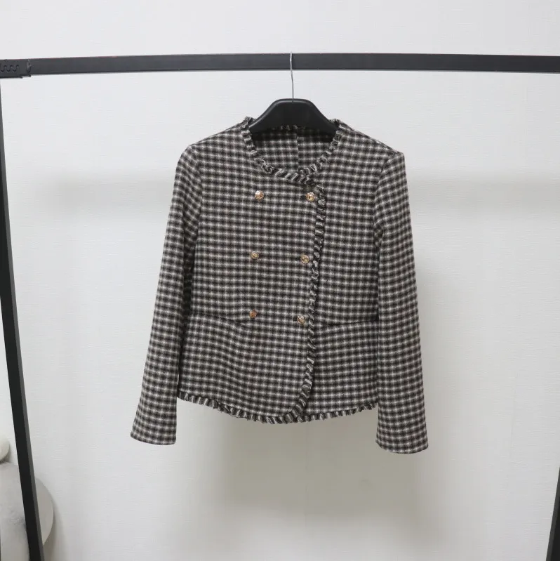 2025早春新款双面羊毛上衣高级感法式千鸟格气质小香风短款外套女