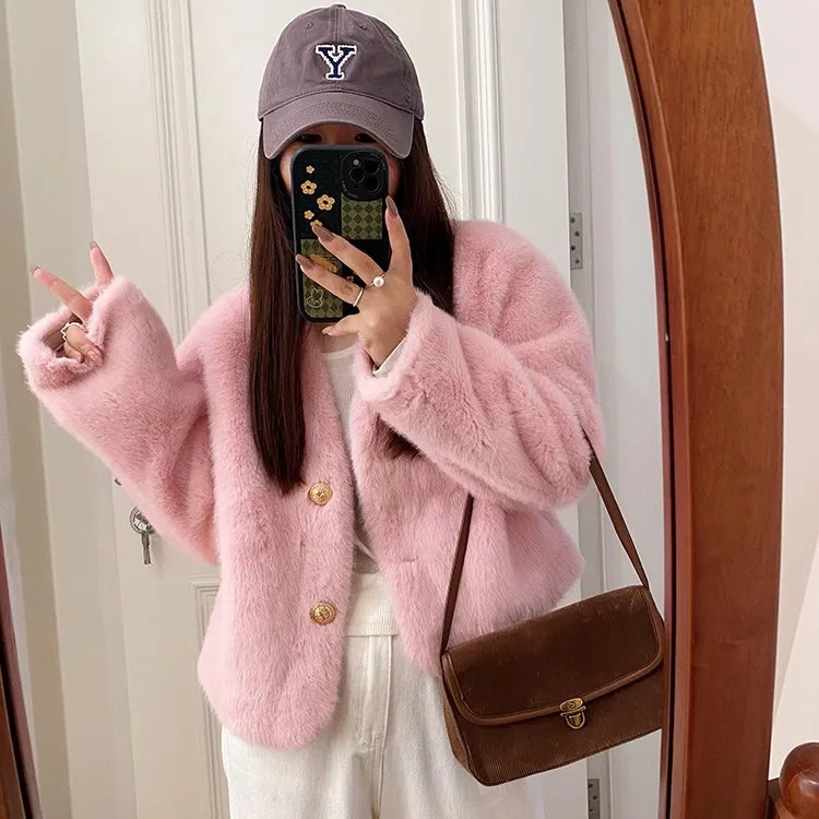 【反季福利】仿水貂绒皮草大衣女皮毛一体 V领短款环保毛秋冬外套