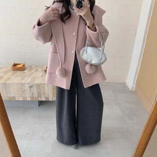 2025秋冬新款双面羊毛大衣女中长款韩版围巾带帽狐狸毛球毛呢外套