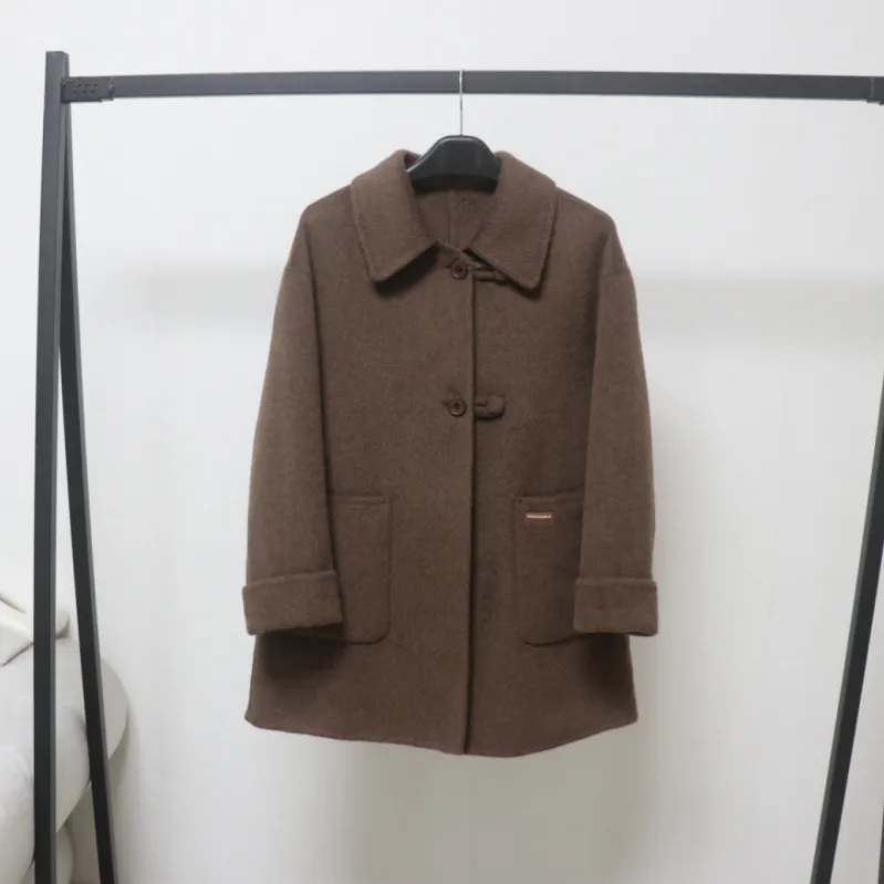 新款双面羊毛大衣女中长款韩版落肩袖羊毛呢纯色外套秋冬外套