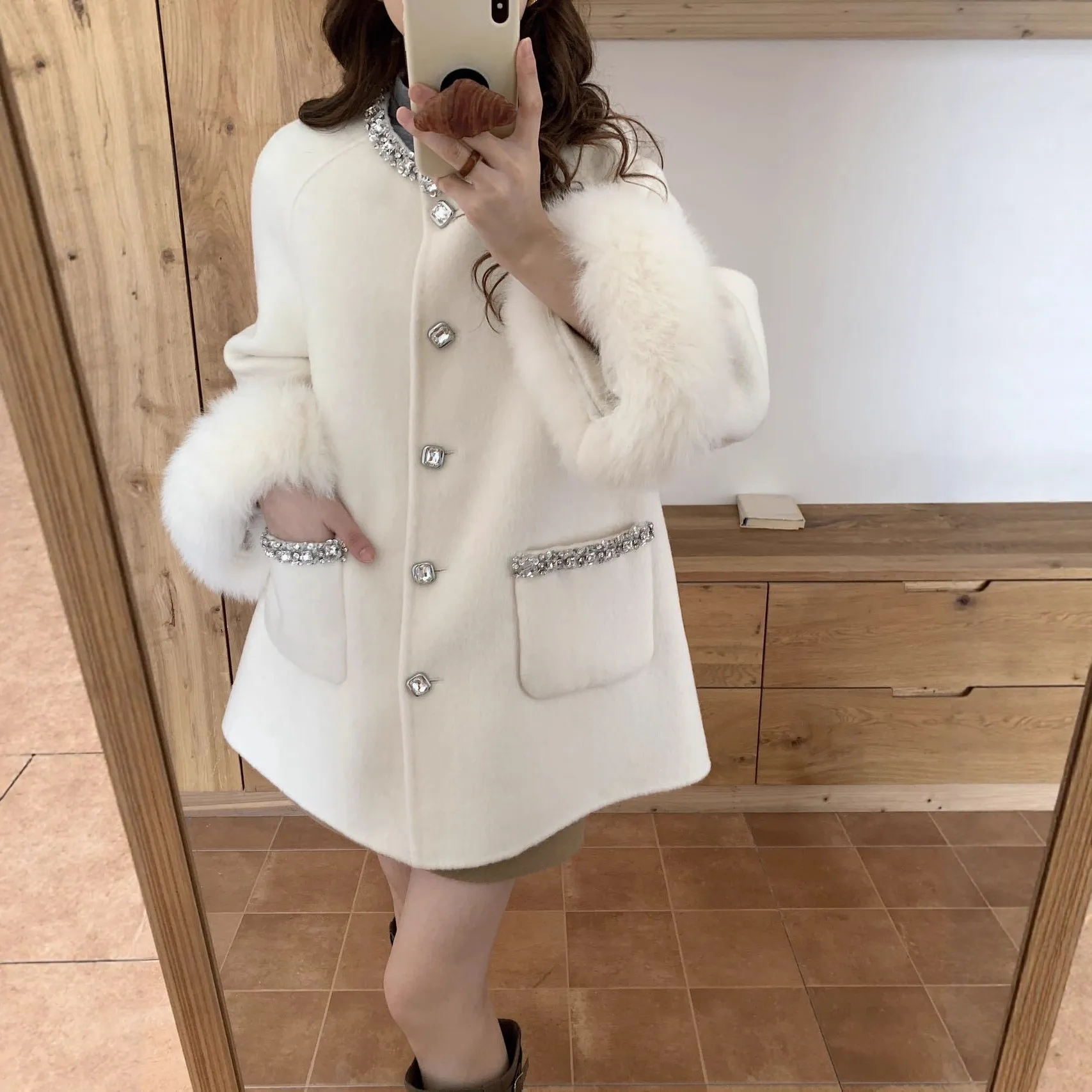 秋冬新款韩系钉珠高级感狐狸毛双面羊毛大衣女羊毛呢富家千金外套