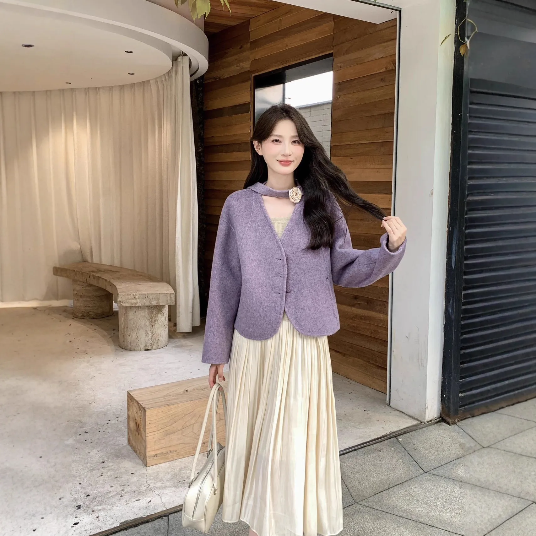 网红爆款2025秋冬新款双面羊毛的大衣小个子短款休闲毛呢外套